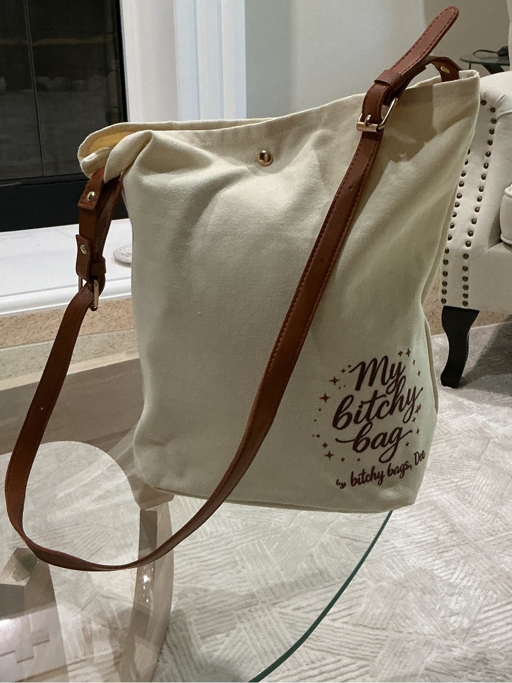 My Bitchy Bag Cream Canvas Brown Leather Strap, Crossbody Tote, Get Yours! - Picture 15 of 15